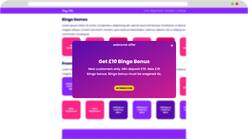 An example of a bingo site welcome offer which will give a bonus code