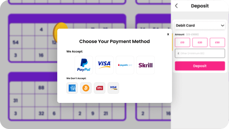 An example of available and unavailable payment methods at a bingo site