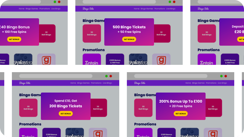 Multiple examples of bingo bonuses on a mock bingo site