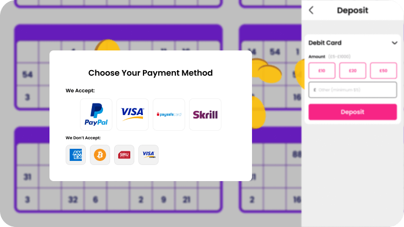 An example of different payment methods that might be available and excluded on a bingo site