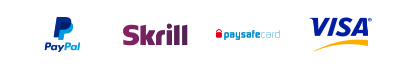 Examples of payment options: Paypal, Skrill, Paysafecard, Visa